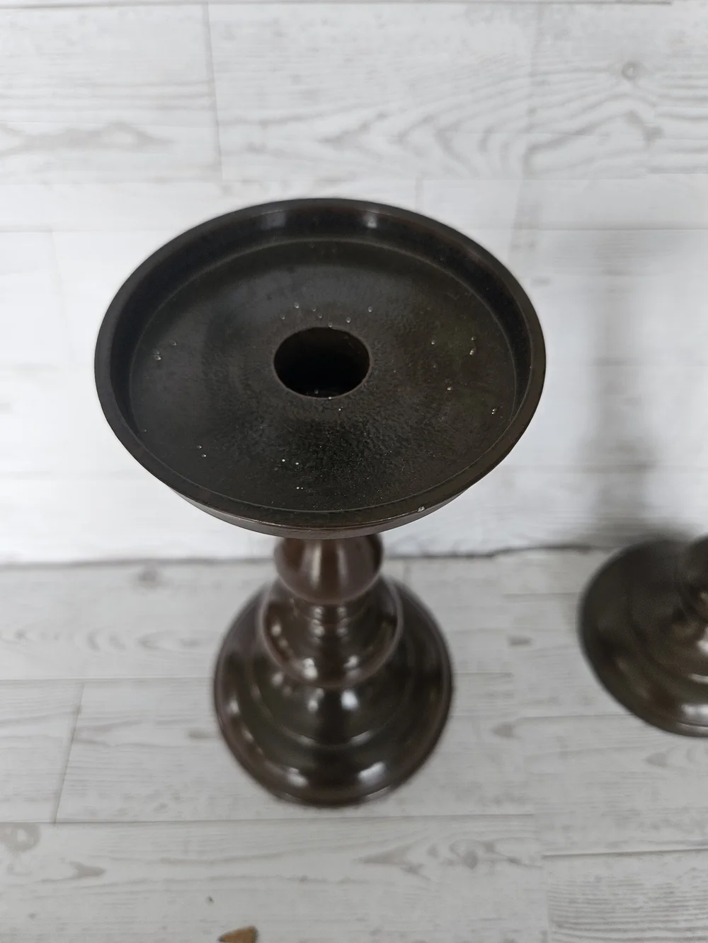 Pottery Barn Dark Brown Turned Wood Candle Pedestals, Set of 2